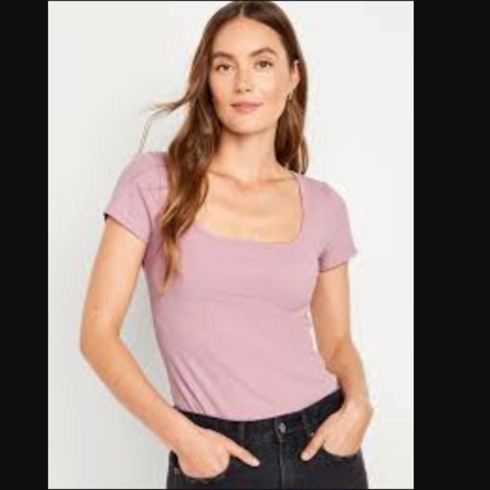 Old Navy Fitted Square-Neck Short Sleeve Tee | Textured Rose | Size L